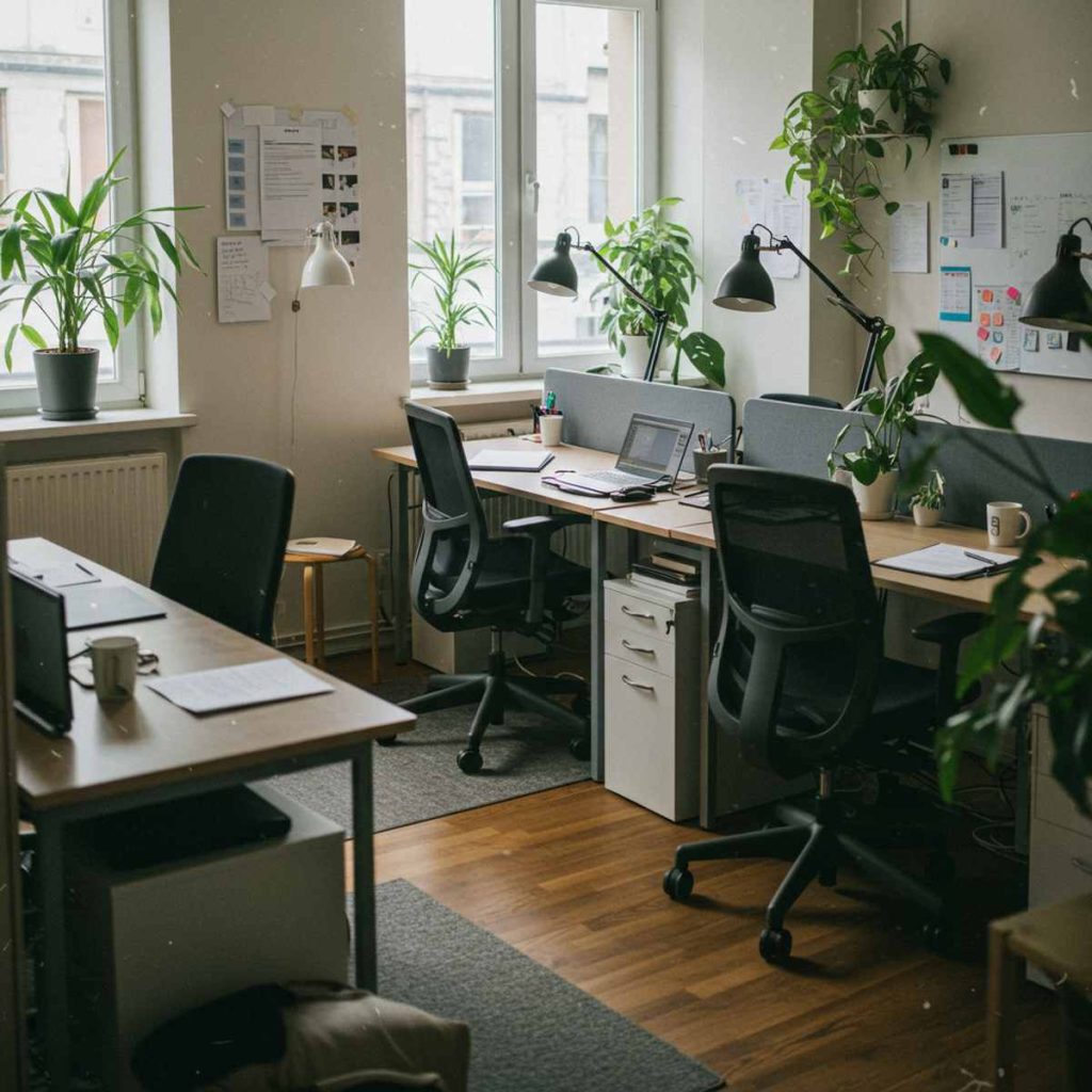 Modern office with stylish office furniture, desks, chairs, laptops, papers, and green plants by the windows. No people present.