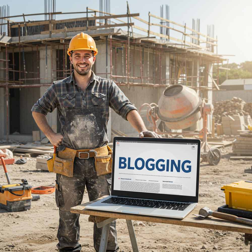 A construction worker smiles beside a laptop displaying the word "BLOGGING," highlighting how guest blogging can share valuable home remodelling tips right from the building site.