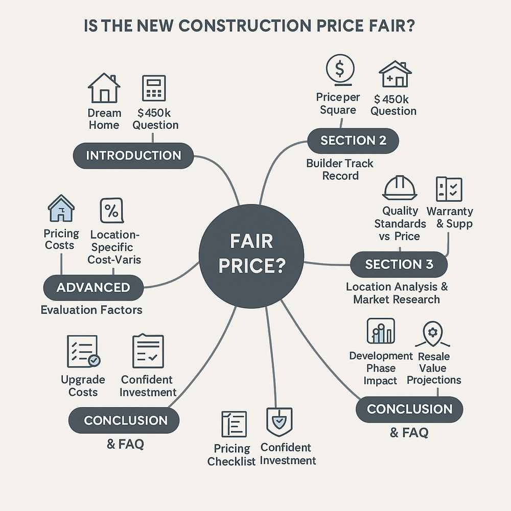 Flowchart with “Fair Price?” outlining key factors to consider when determining a new construction home price.