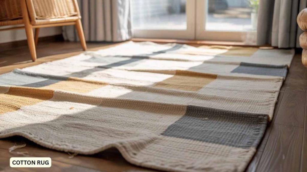 A patterned cotton rug lies on a wooden floor near sunlight streaming through glass doors, adding cozy charm often found with oversized rugs in inviting spaces.