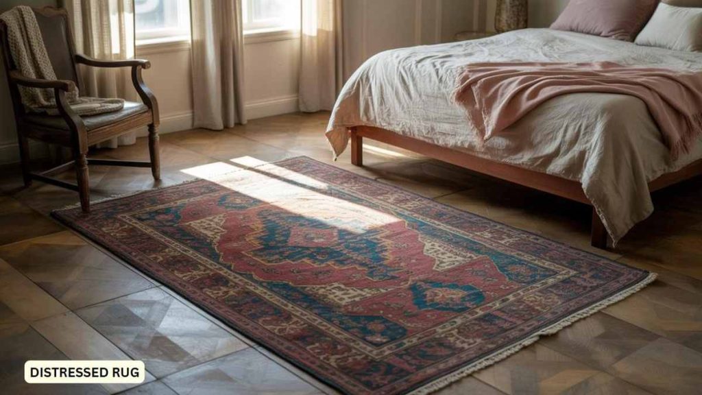 A vintage distressed oversized rug on a wooden floor beside a neatly made bed adds character and warmth to this sunlit bedroom.