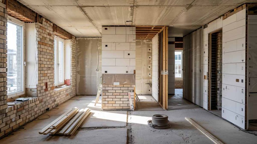 Partially constructed room with exposed brick walls, drywall, windows, and building materials on the floor—ideal for a first-time landlord overseeing rental property construction.