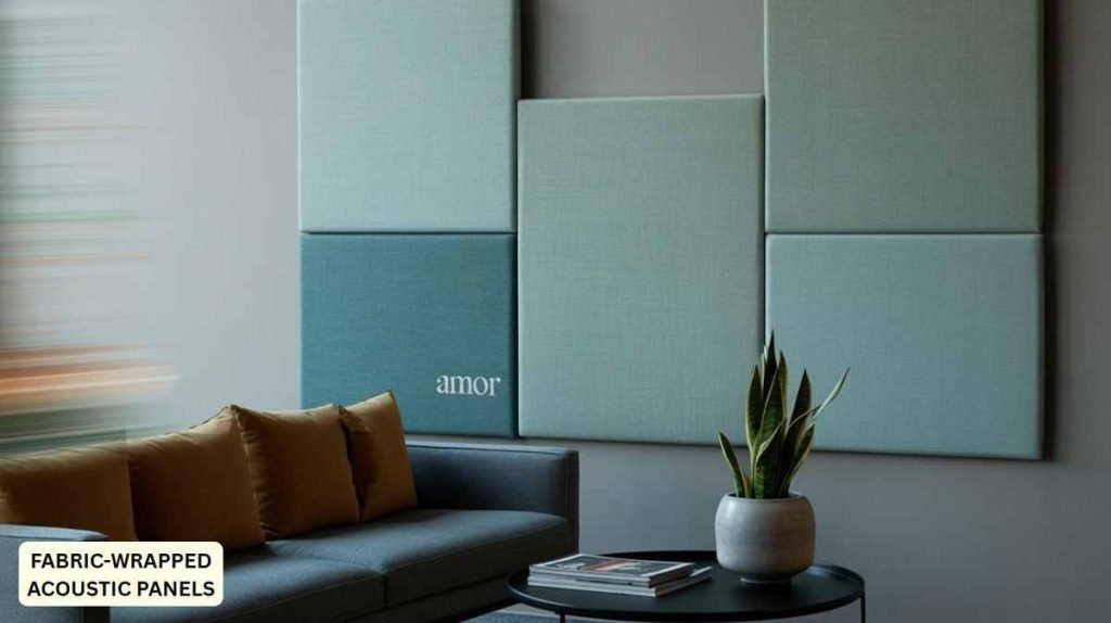 A modern living room with blue acoustic panels, a gray sofa, wood slat wall panels, and a round table with a potted plant.