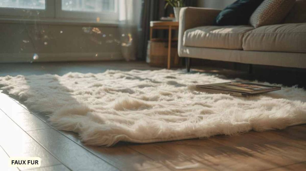 A fluffy white faux fur rug on a wooden floor brightens a sunlit living room, near a beige sofa and magazines—perfect for those seeking cozy bedroom rugs or oversized rugs for large spaces.