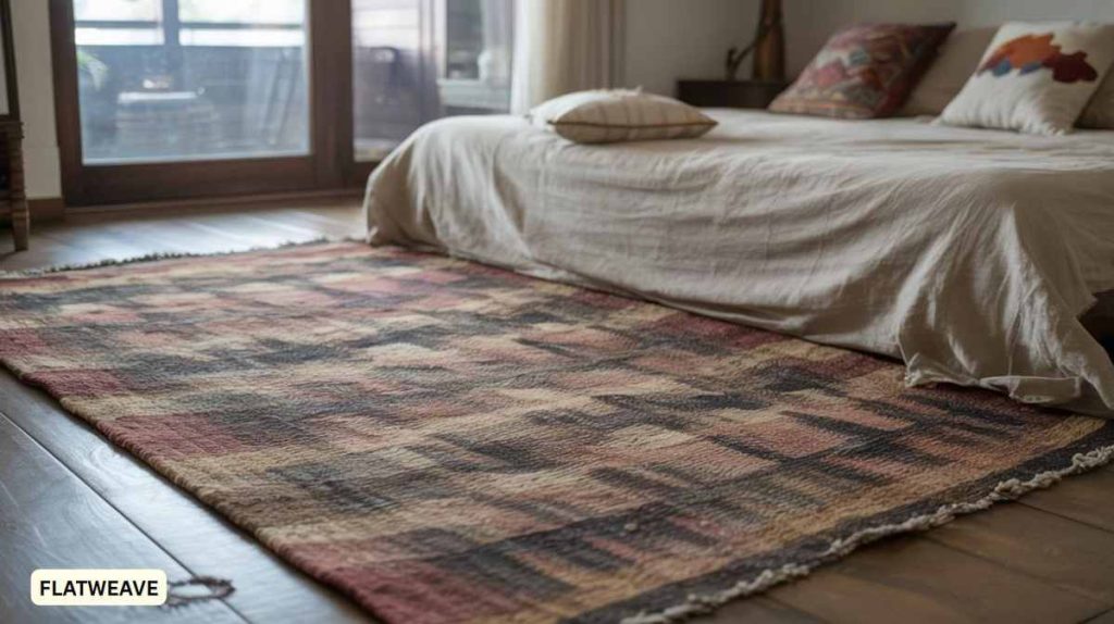 An oversized flatweave rug with earthy tones lies beside a bed in a sunlit, cozy bedroom.