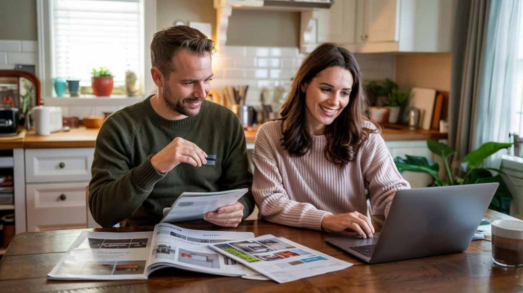Smiling couple uses a laptop and credit card at a kitchen table with magazines spread out, browsing $100K interior design best practices.