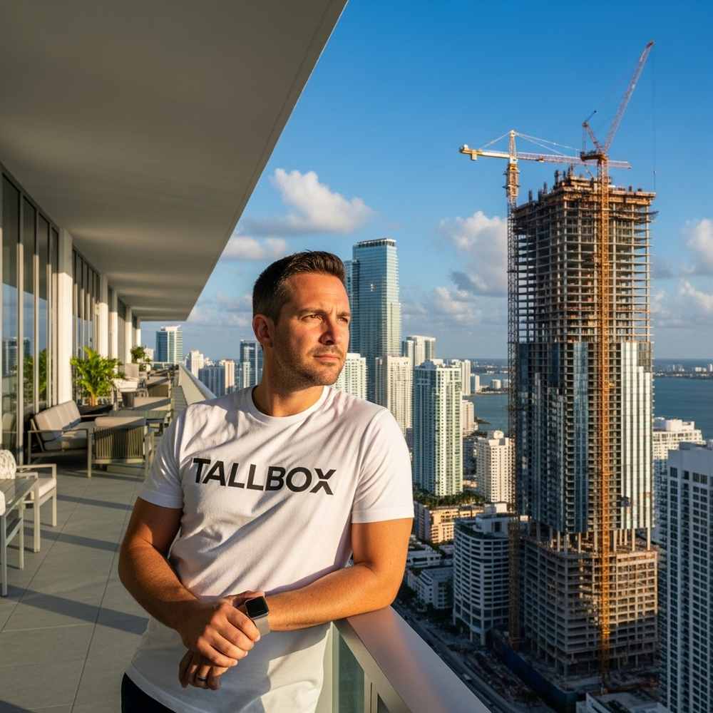 Man in a "TALLBOX" shirt stands on a balcony overlooking a city skyline and a tall building under construction, inspired to pick the perfect architect for his own construction project.