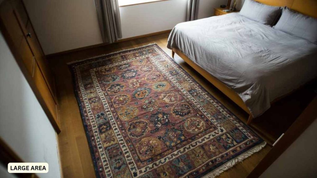 An oversized patterned area rug covers most of the wooden floor in a bedroom with a bed and window, perfect for those seeking stylish bedroom rugs.