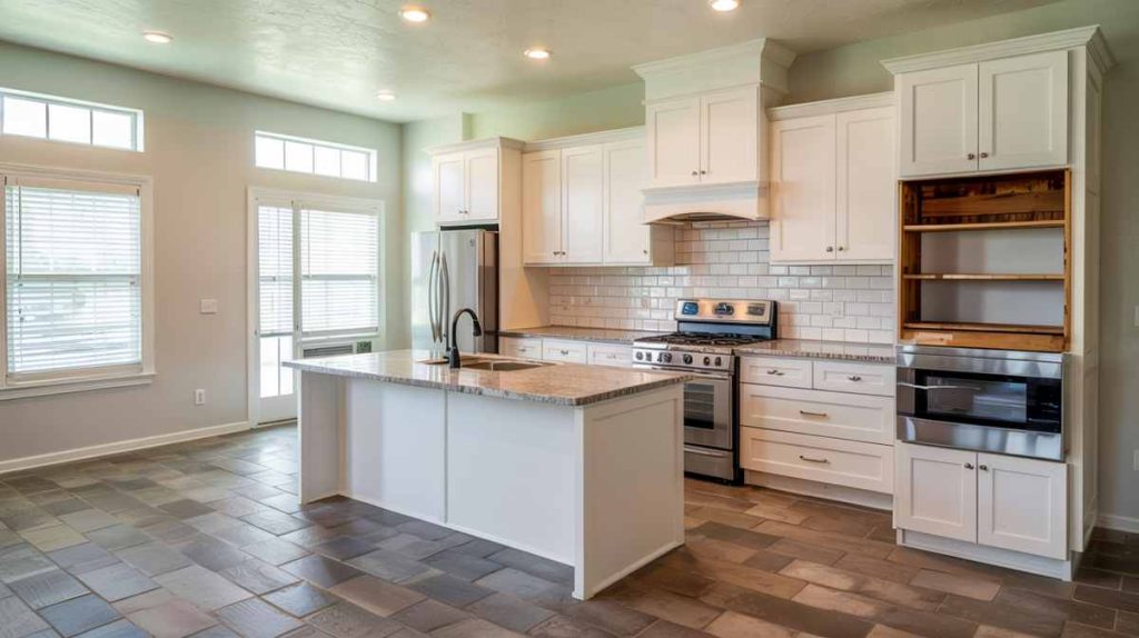 Modern kitchen with white cabinets, stainless steel appliances, island, and large windows letting in natural light—ideal for first-time landlords seeking quality rental property construction.