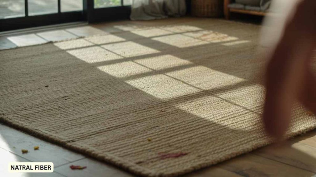 A natural fiber oversized rug in a sunlit room, with shadows from window panes cast across the floor.