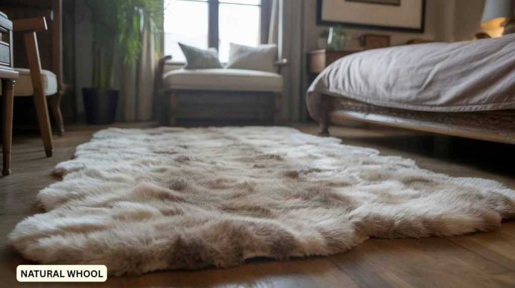 An oversized, fluffy, natural wool rug lies on a wooden bedroom floor beside a bed and armchair.