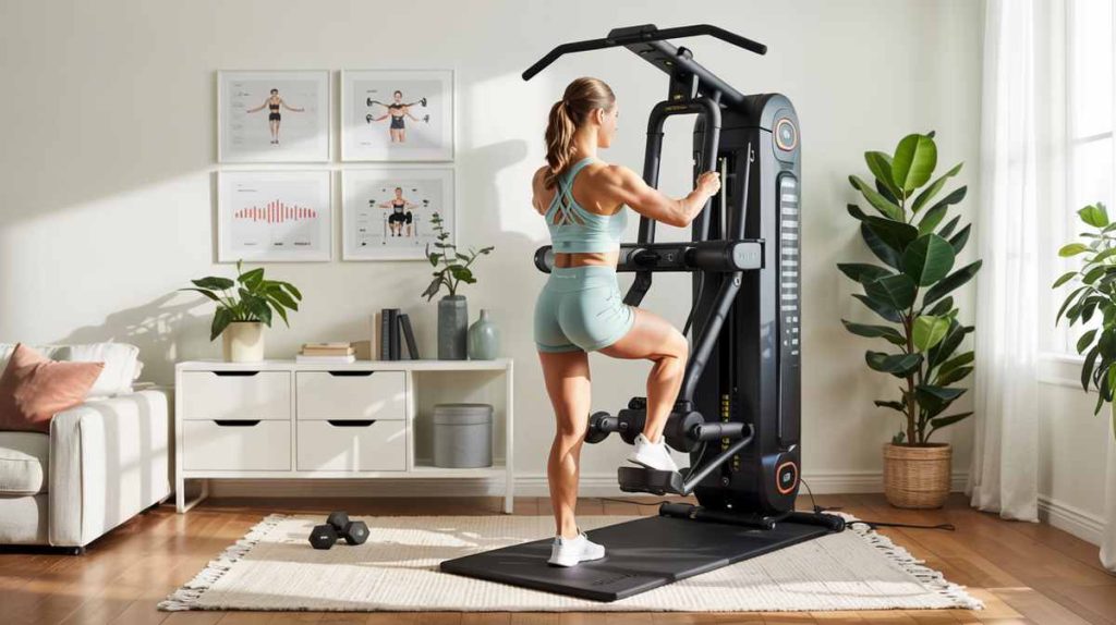 Woman exercising on a home gym machine in a bright living room with plants, fitness posters, and stylish gym design elements on the wall.