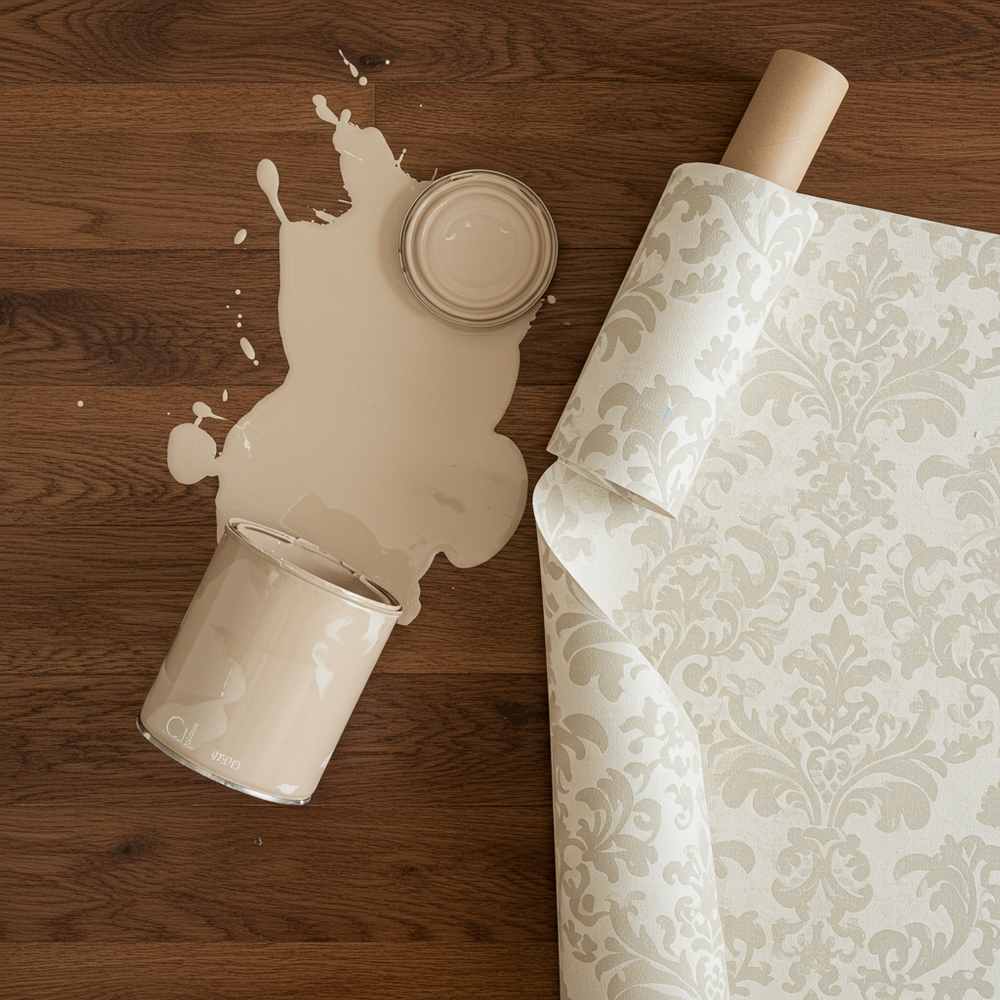Beige paint spilled on a wooden surface beside a paint can and a roll of patterned wallpaper, perfect for your next repaint project to boost your home’s style and selling value.