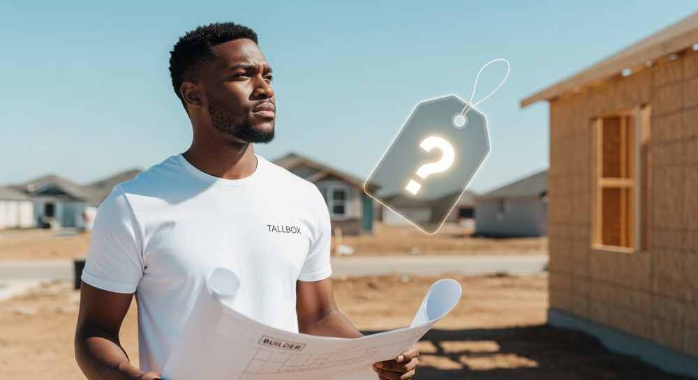 Man holding blueprints at a construction site, with a floating price tag icon featuring a question mark, symbolizing the search for a fair price on your new construction home.