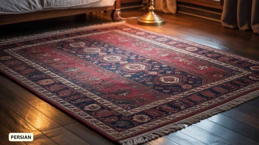 A Persian rug with red and navy patterns adds warmth to the bedroom, serving as a stunning example of oversized rugs on a wooden floor beside a bed and brass lamp.