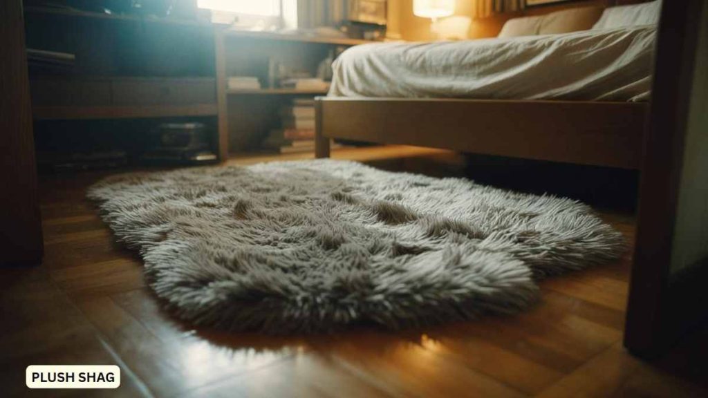 A fluffy gray rug lies on a wooden floor next to a bed, adding warmth and comfort to this cozy, softly lit bedroom—ideal for those seeking oversized bedroom rugs.