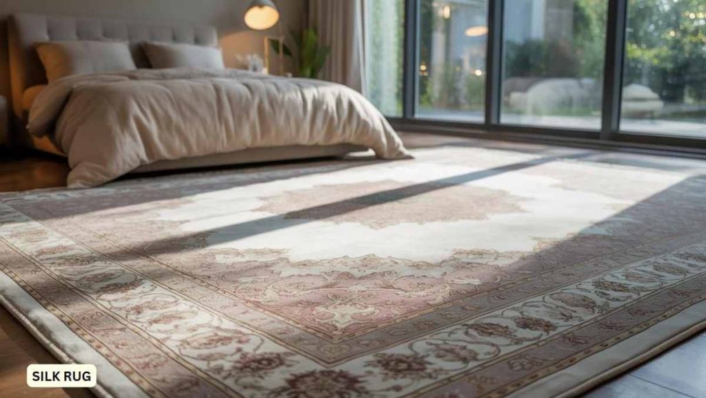 A large silk rug, perfect for bedroom rugs or oversized rugs, adorns a sunlit bedroom with a bed and floor-to-ceiling windows overlooking the garden.
