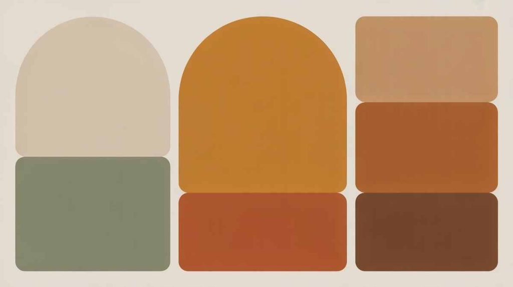 Abstract art with rounded shapes in beige, green, orange, brown, and tan on a light background—perfect as playful wallpapers for kids room décor.