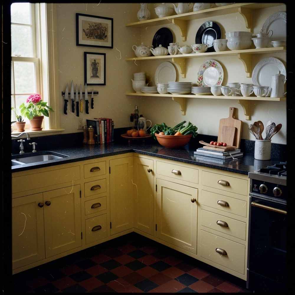 Sunny kitchen design with yellow cabinets, open shelves displaying dishes, and a countertop featuring bowls and utensils—perfect for fresh interior ideas.