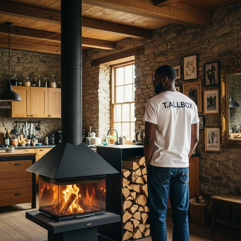 Man in a white "TALLBOX" shirt stands by a modern wood stove in a rustic kitchen with stone walls, offering interior inspiration for unique kitchen design.