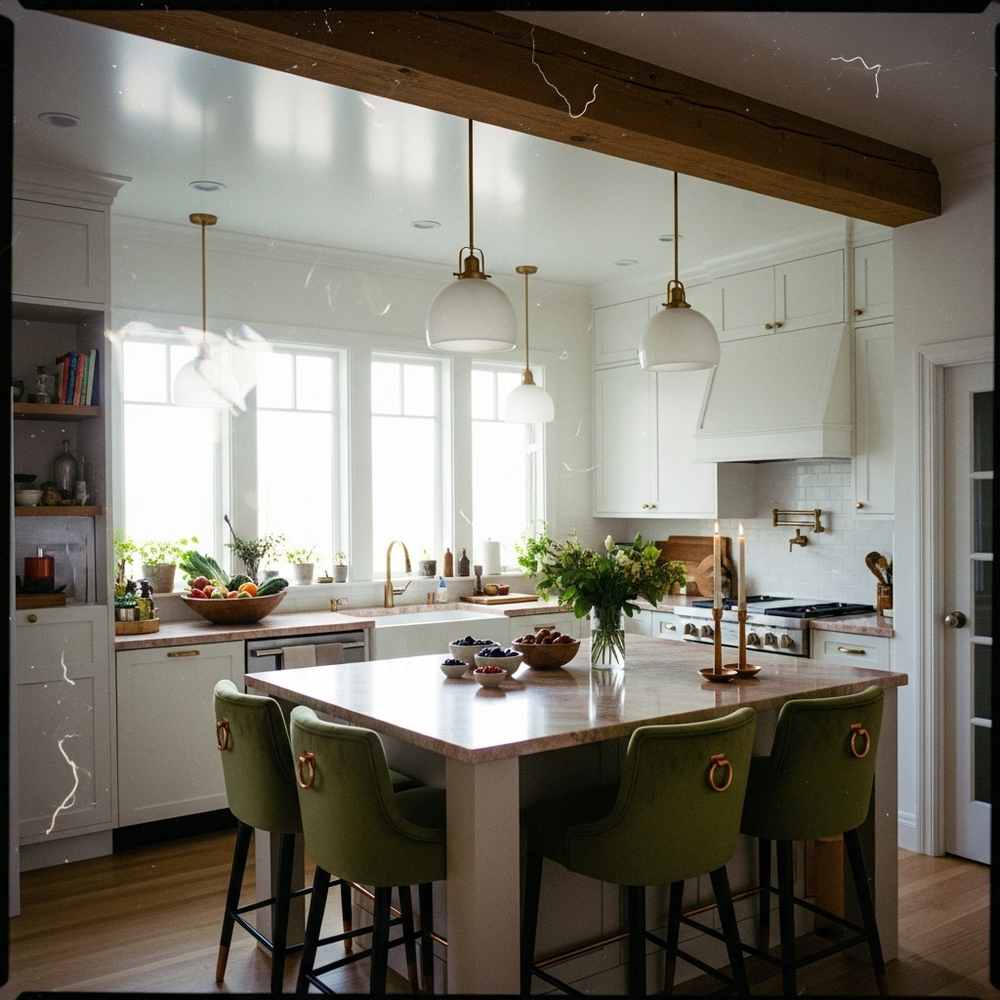 A bright, modern kitchen with white cabinets, an island, and four green barstools showcases inspiring kitchen design.