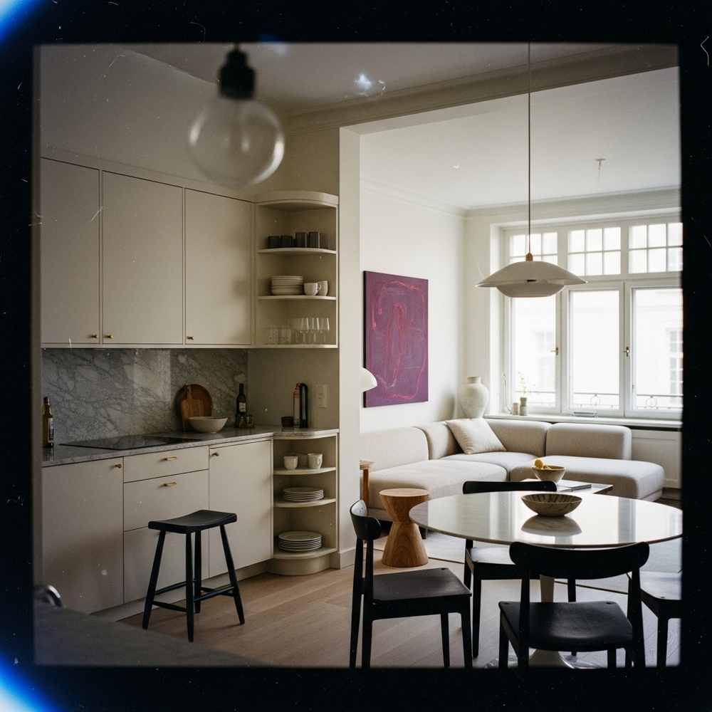 Modern kitchen design and living room with neutral colors, round dining table, and large window letting in natural light.