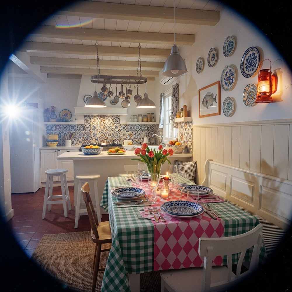 Cozy kitchen inspiration with a set table, checkered tablecloth, tulips, and patterned plates on the wall.