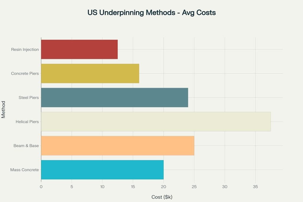 Bar chart showing pricing comparison of six US underpinning methods, highlighting Helical Piers as the most expensive option.