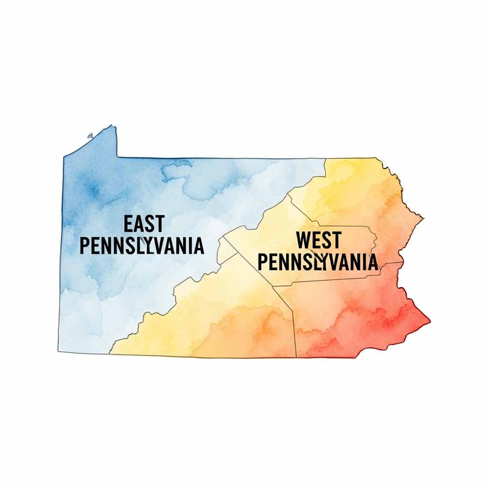 A watercolor map of Pennsylvania divided into East vs West PA, with labeled text over each section—perfect for NY NJ WA families moving to Pennsylvania.