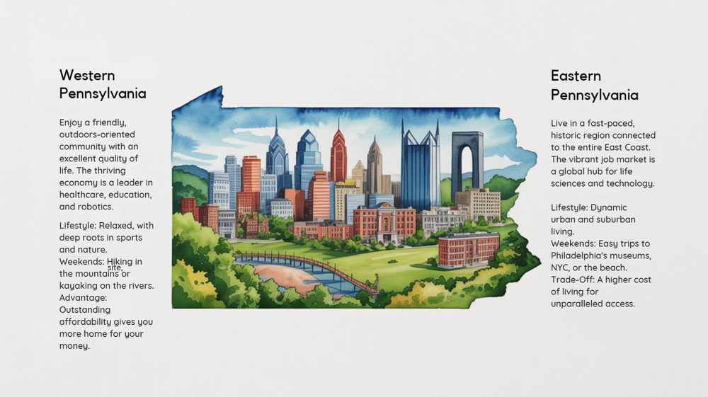 Illustration of Pennsylvania split in half with city skylines, highlighting lifestyle differences and East vs West PA—ideal for those considering moving to Pennsylvania or seeking the best places for families.