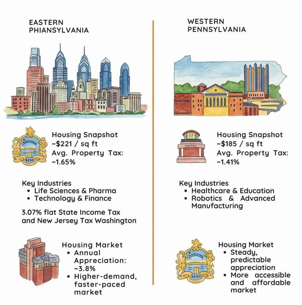 Illustrated comparison of East vs West PA housing, taxes, industries, and market trends—essential insights for families moving 2025 or planning a move to Pennsylvania.