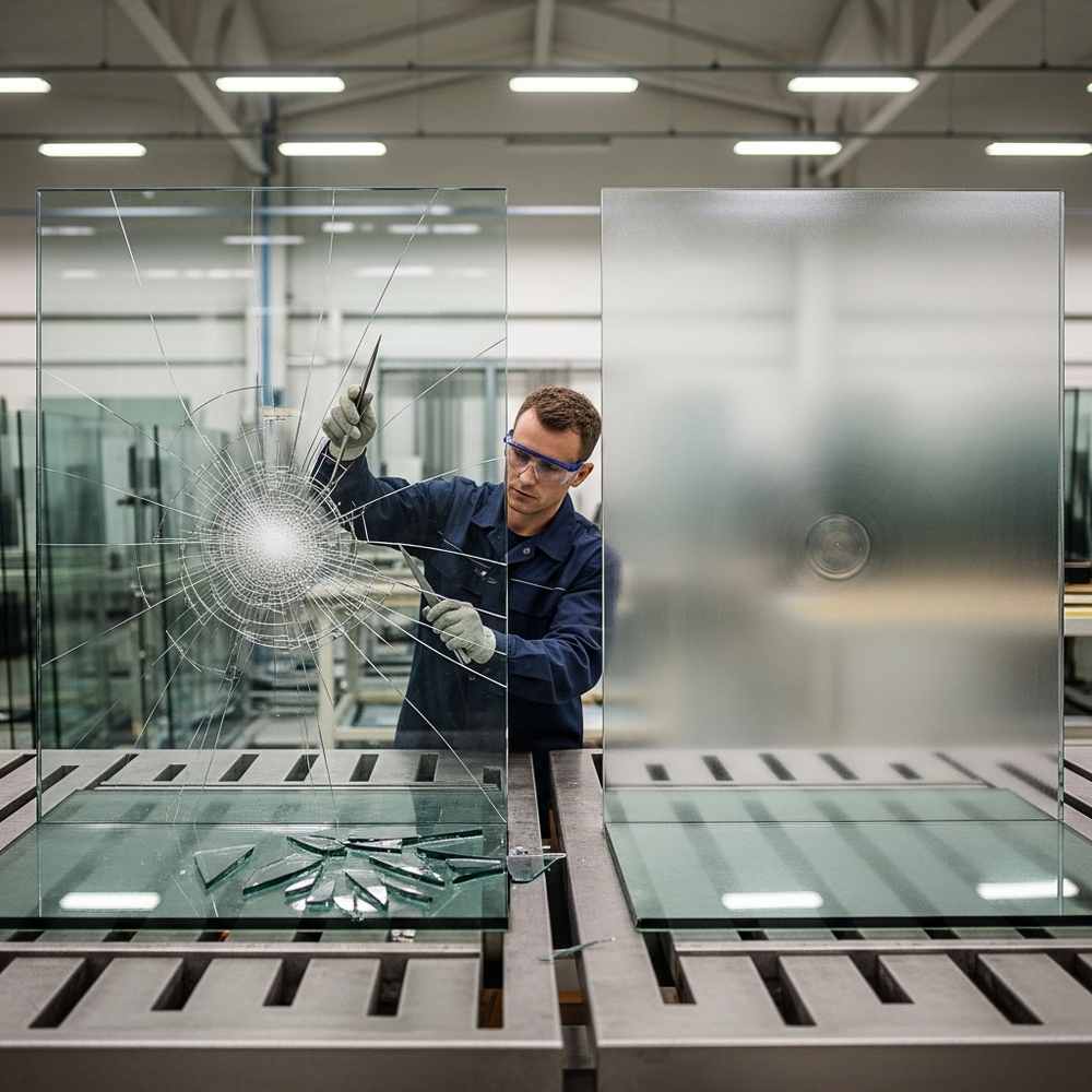 A worker in safety glasses inspects a large pane of shattered tempered glass in a factory setting, highlighting common myths about its strength and safety.