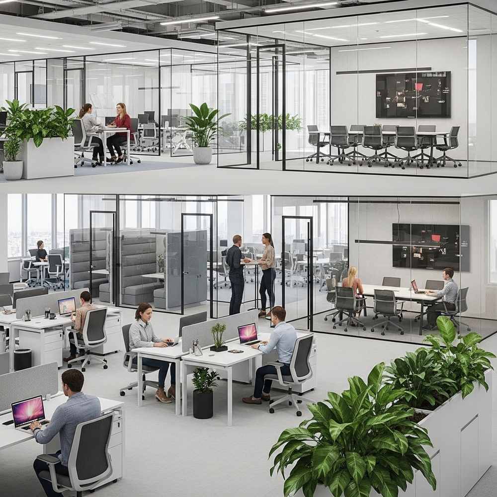 Modern open-plan office with Modern glass walls and glass meeting rooms, people working at desks, and green plants throughout, offering privacy solutions while maintaining a collaborative atmosphere.