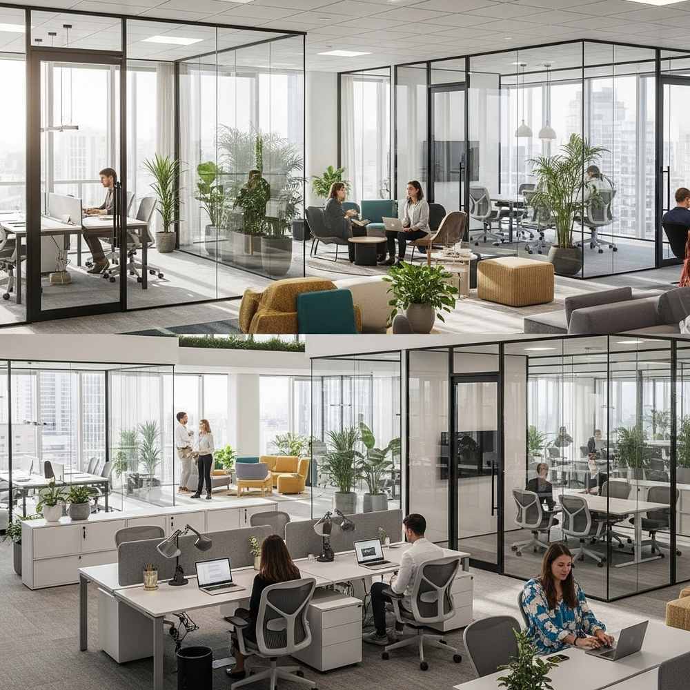 Modern office with glass walls, people working at desks, meeting areas, and many green plants highlighting office benefits.