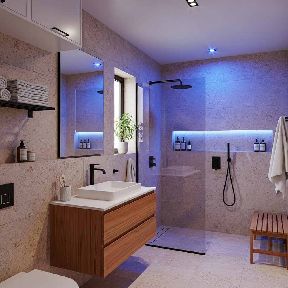 Modern spa bathroom design with wooden vanity, glass shower, blue LED lighting, and neatly arranged towels and toiletries.