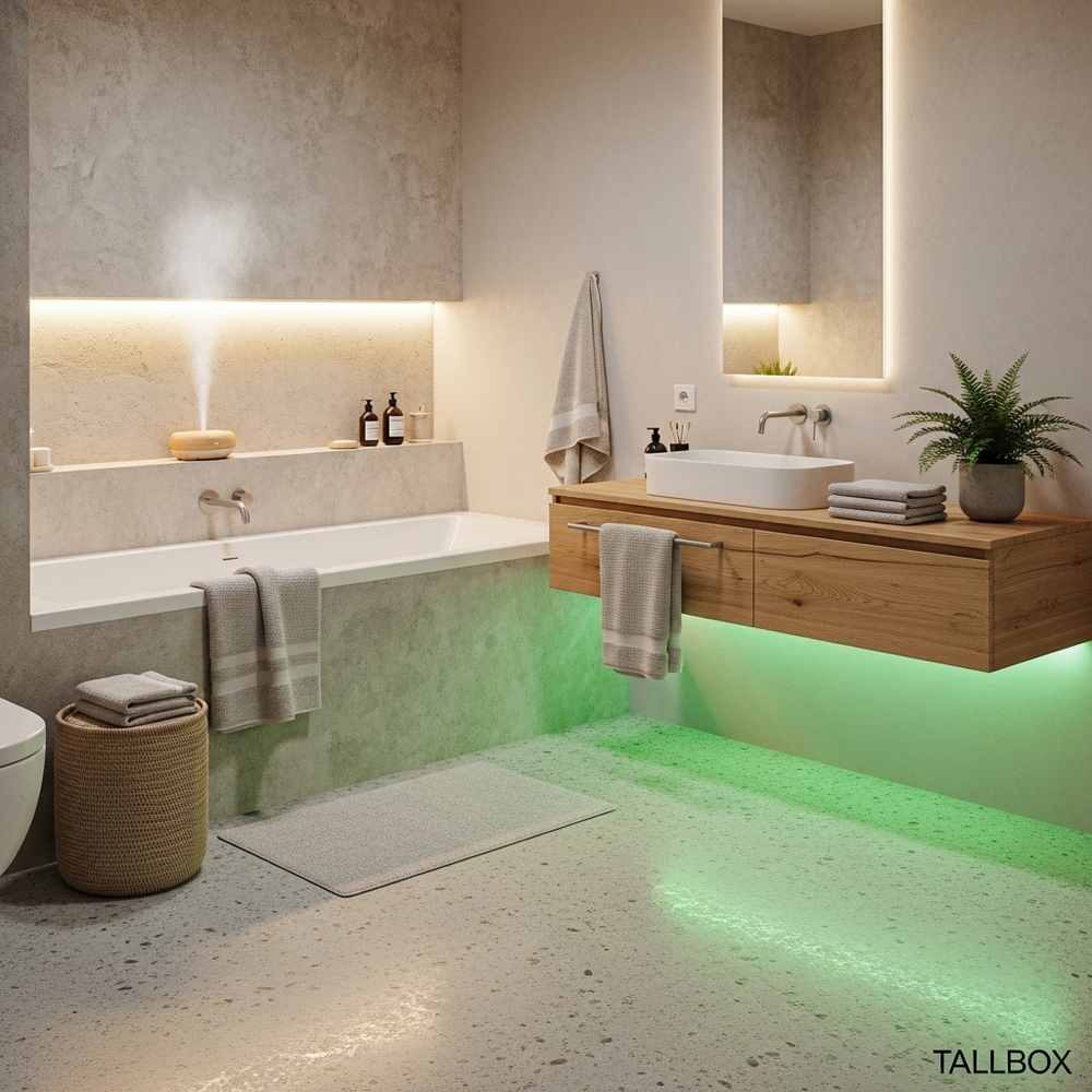 Modern spa bathroom design with bathtub, floating vanity, green under-cabinet lighting, and soft ambient lights.