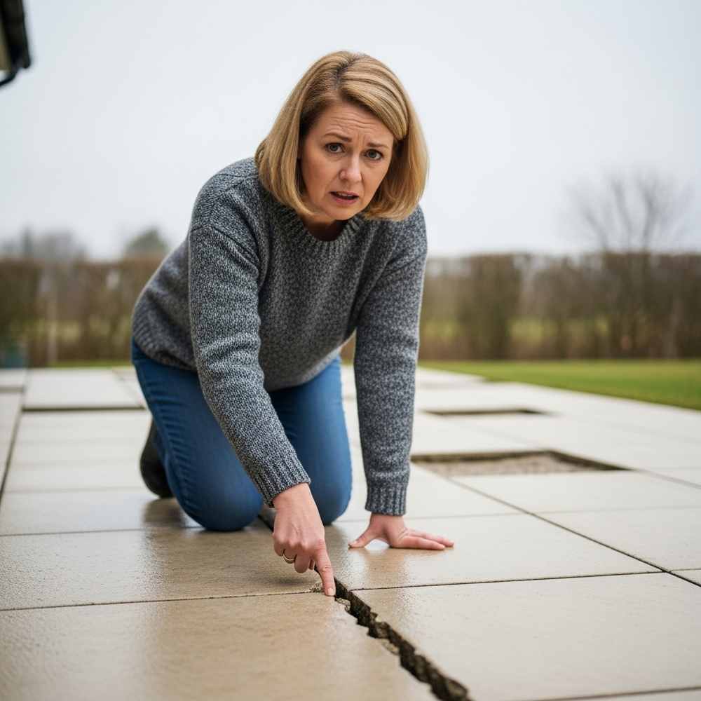 A woman kneels outside, pointing with concern at a large crack in the pavement—a clear sign of a landscaping fail.