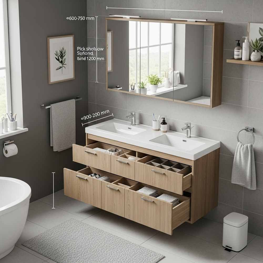 Modern bathroom layout featuring a double-sink vanity, open drawers, large mirror, and wall-mounted shelves and accessories for a functional, stylish space.