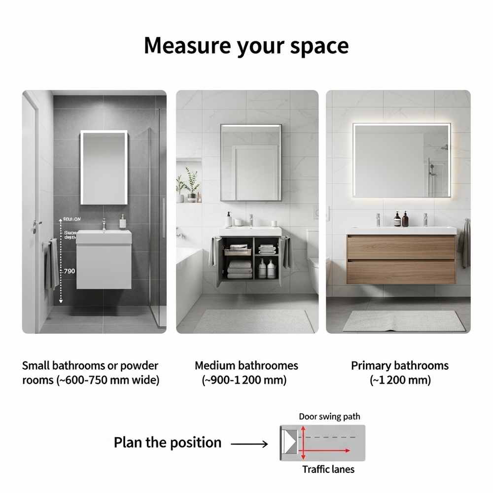 Three floor-standing vanities in various sizes are displayed alongside a diagram, helping you plan the perfect bathroom layout and optimize vanity placement and door swing.