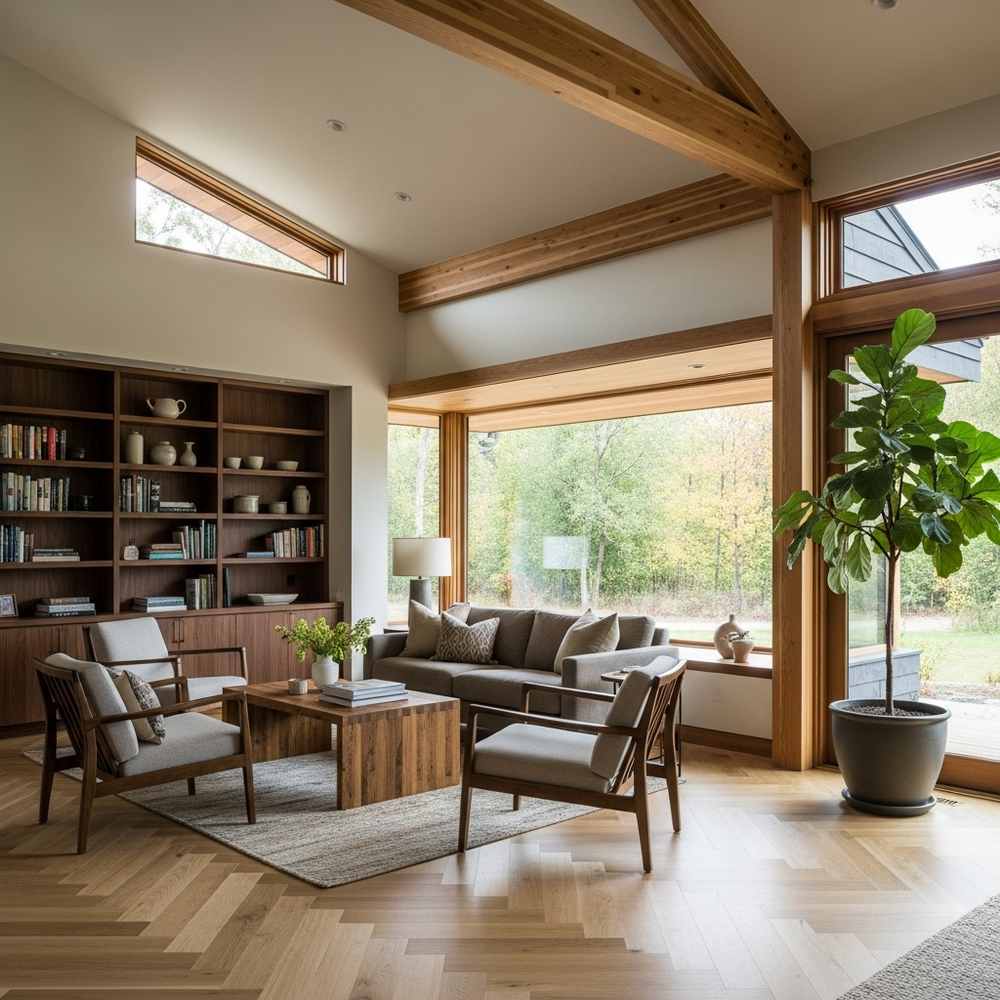 Modern living room in one of our prefab cabins, with large windows, wooden beams, houseplant, and bookshelves, overlooking lush greenery outside—a perfect blend of style and cabin durability.