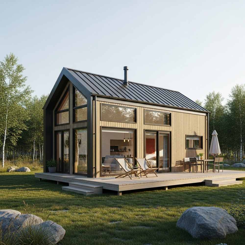 Modern tiny house with large windows and a wooden deck, surrounded by grass, trees, and rocks. Prefabricated cabins like this offer a durable design that blends seamlessly with nature.