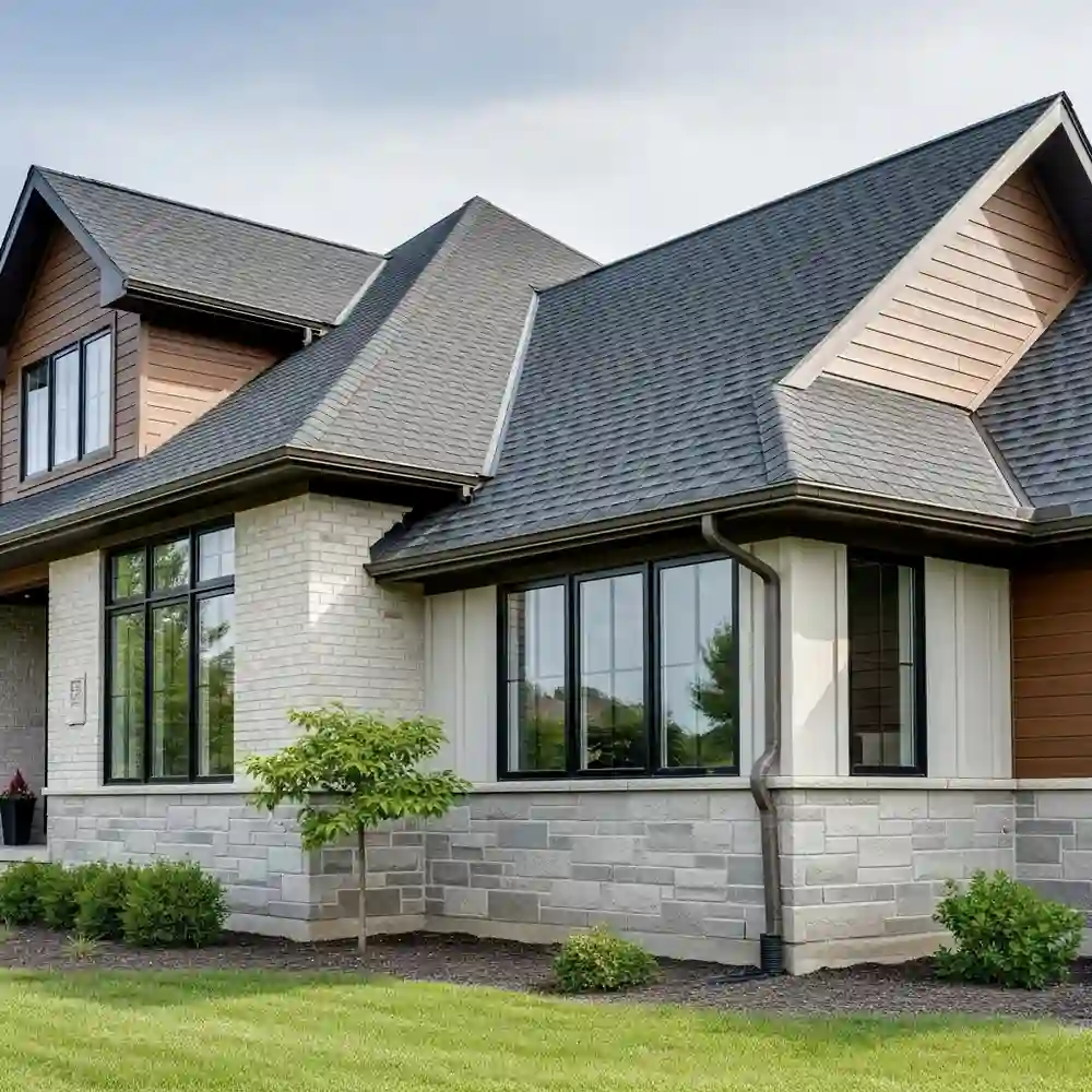 Modern house with black-framed windows, gray roof, and mixed brick and siding exterior surrounded by green lawn—designed for lasting style and built-in home exterior protection for year-round peace of mind.