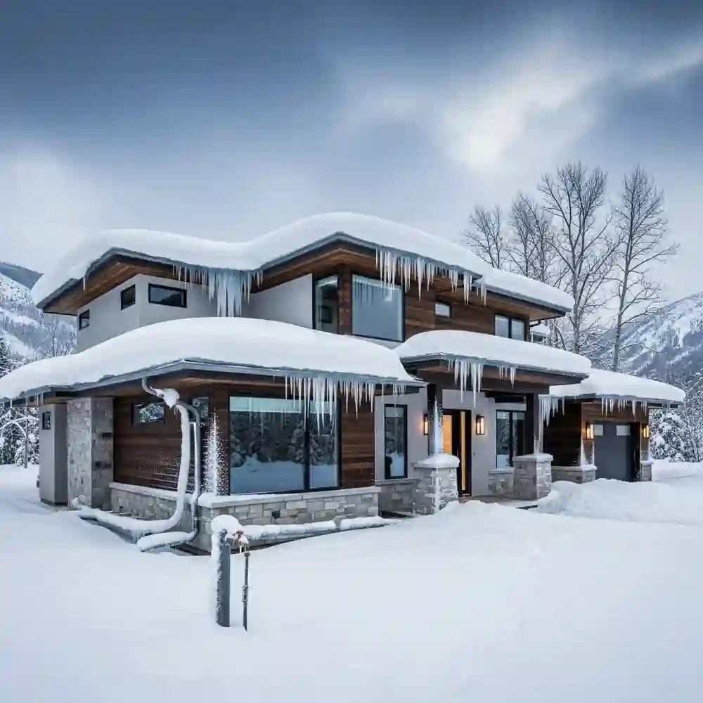Modern two-story house covered in snow and icicles, set in a snowy winter landscape with mountains—showcasing the importance of home exterior protection and year-round home maintenance for lasting beauty and durability.