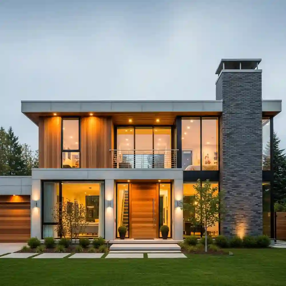 Modern two-story house with large glass windows, wood accents, and evening lights glowing warmly inside—designed for effortless year-round home maintenance and superior home exterior protection.