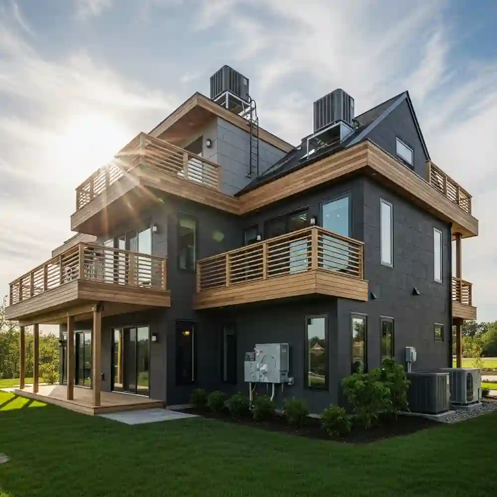 Modern three-story house with large windows and wooden balconies, sun shining in the background—perfect for enjoying seamless home exterior protection and year-round home maintenance.