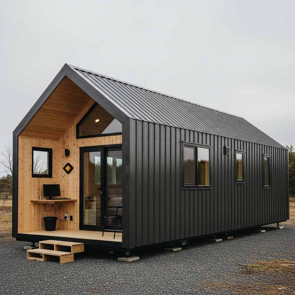 Modern black tiny house with wood accents, large windows, and a small porch set on a gravel lot outdoors, showcasing exceptional durability and innovative cabin design.