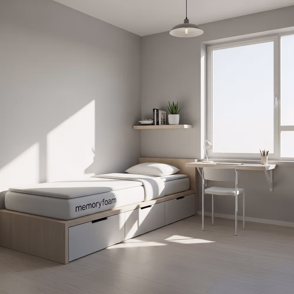 Minimalist bedroom designed for small spaces, featuring a single bed with smart mattress choices, a desk by the window, and sunlight streaming in—ideal for micro-apartments.