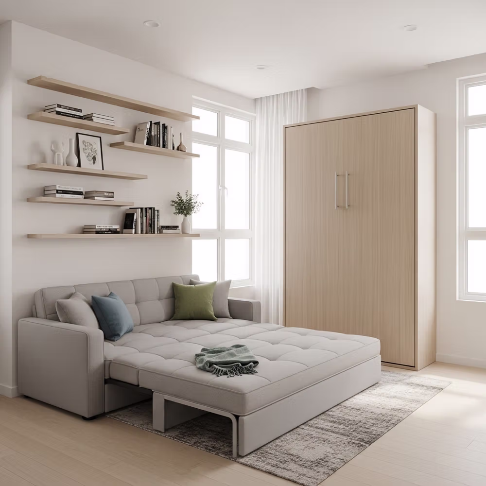 Modern room with a gray pull-out sofa bed—ideal for small spaces or micro-apartments—shelves with books, and a light wood wardrobe by large windows.