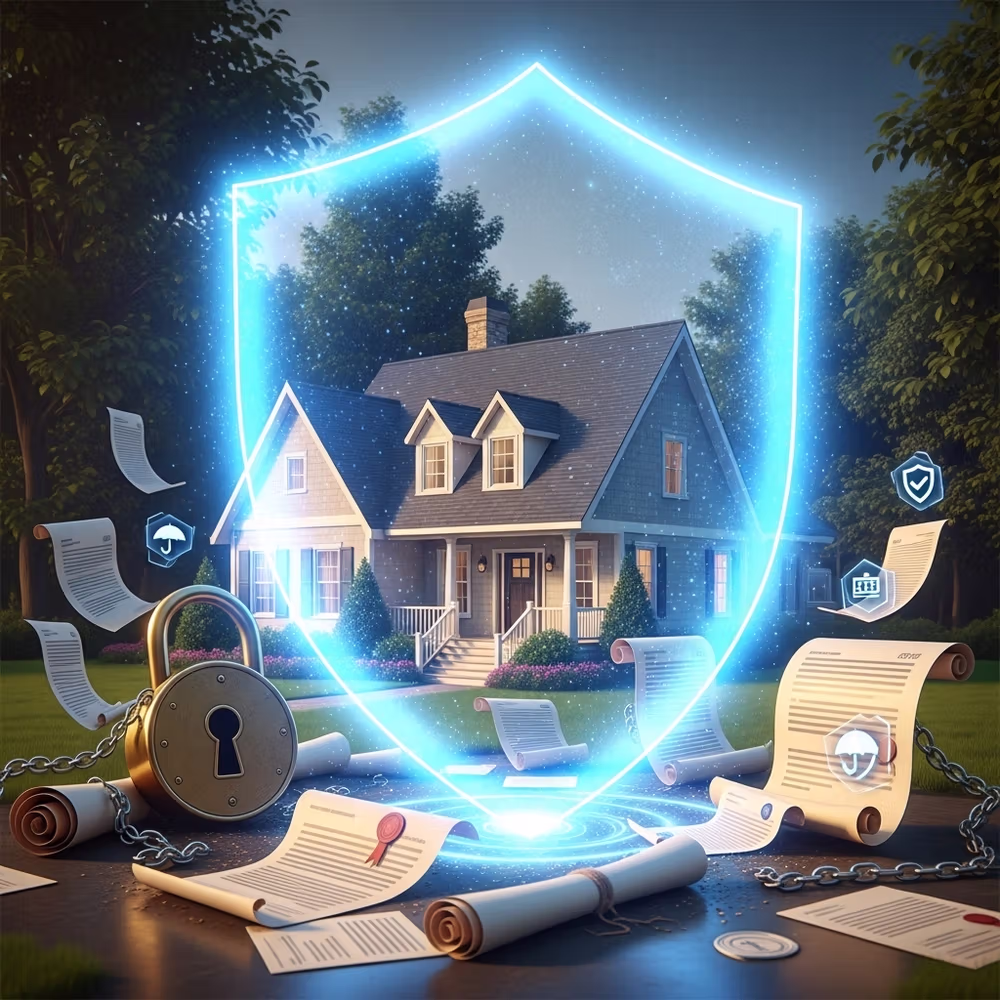 A glowing shield protects a house, surrounded by documents, chains, and a padlock outdoors—symbolizing the security provided by a title company during a property transaction.