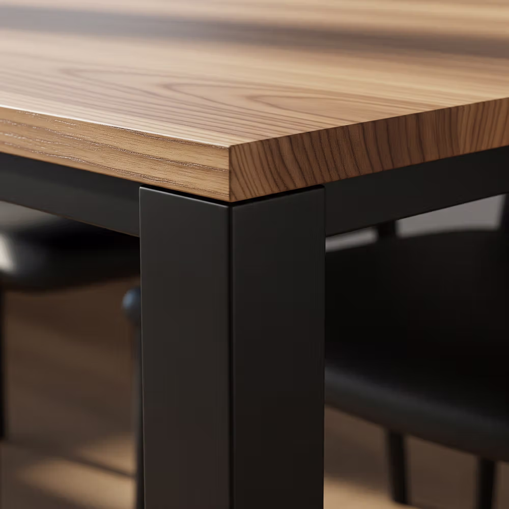 Close-up of a modern dining table featuring a wooden tabletop with black metal legs and a black chair partially visible underneath.